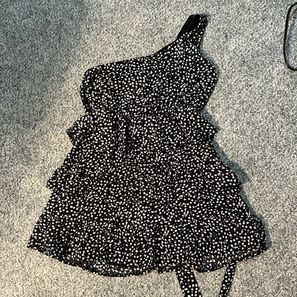 Black ruffle dress with pink and white flowers